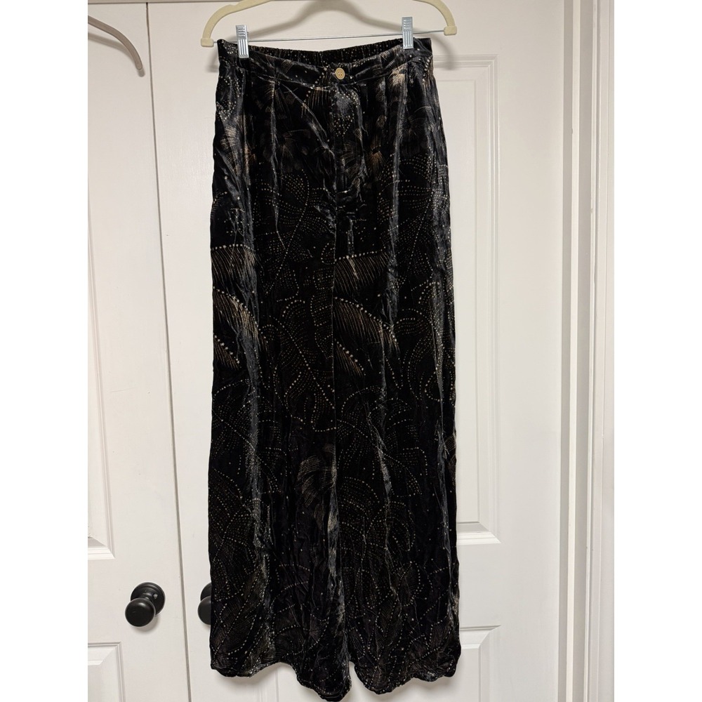 Anthropologie Farm Rio printed velvet pants, Black & Gold, Medium